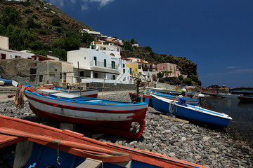 Alicudi, Strand, Fischerboote, Liparische Inseln, Sizilien, Italien, < english> Alicudi, Beach,...