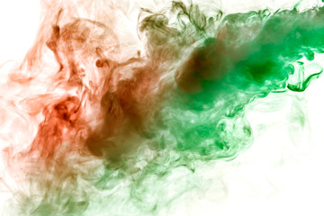 The texture of red smoke is like a watercolor on a white background with transitions of matter between green and orange like a chemical reaction.