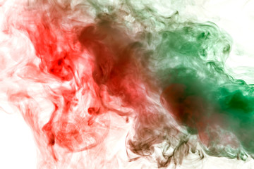 The texture of red smoke is like a watercolor on a white background with transitions of matter between green and orange like a chemical reaction.