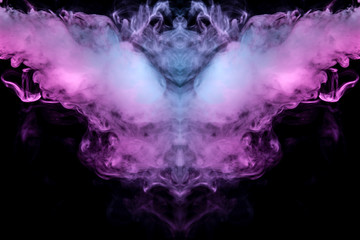 Abstract mystical bat silhouette straightened wings from streams of colorful smoke evaporating from a vape illuminated by neon lights on a black background.