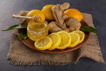Healthy food.Lemon honey and ginger. Сoncept of healthy food, strengthening immunity and alternative therapy.