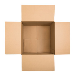 Open square cardboard box isolated on white background. Top view. Flat lay