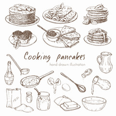 Illustration depicting the process of cooking pancakes and various types of pancakes. infographic about the recipe for pancakes. Vector hand drawn set. - obrazy, fototapety, plakaty