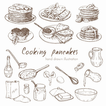 Illustration depicting the process of cooking pancakes and various types of pancakes. infographic about the recipe for pancakes. Vector hand drawn set.