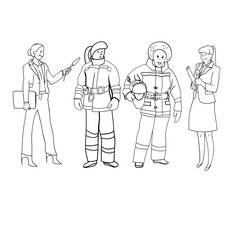 Fototapeta na wymiar Set of black and white line drawings in the vector, female figures, women's profession