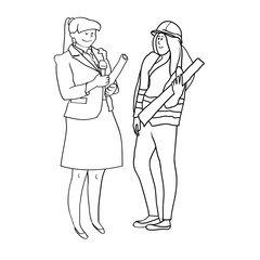 Set of black and white line drawings in the vector, female figures, women's profession 