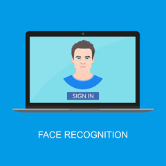 Face recognition technology. Laptop with Facial Biometric Identification system for access to a computer. Male user avatar. Vector illustration.