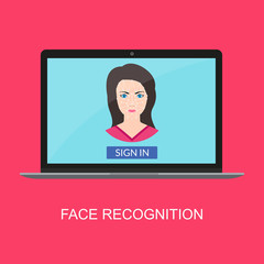 Face recognition technology. Laptop with Facial Biometric Identification system for access to a computer. Male user avatar. Vector illustration.