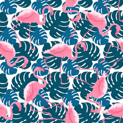 Trendy seamless pattern with tropical pink flamingos and monstera leaves. Exotic jungle background.