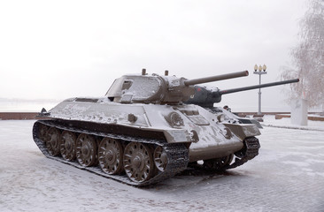 Fototapeta na wymiar Legendary Soviet T-34 tanks on the square at the museum panorama of the Battle of Stalingrad