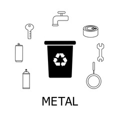 Collection of black and white icons of metal waste. Metal garbage and bin with recycling marc. Vector concept