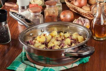 Corned beef hash in a frying pan
