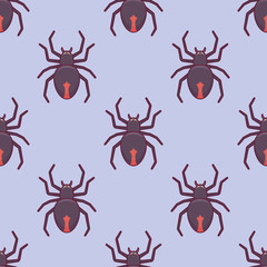 Seamless pattern with black spider on blue background. Vector texture.