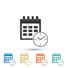 Calendar and clock icon isolated on white background. Schedule, appointment, organizer, timesheet, time management, important date. Date and time sign. Set elements in color icons. Vector Illustration