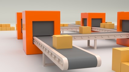 Transportation system. Packages delivery, Packages on conveyor. 3d illustration