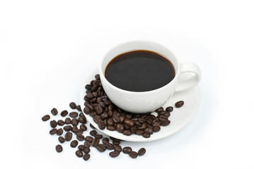 cup of coffee with beans on white background