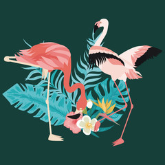 Tropical pink flamingo birds and exotic plants