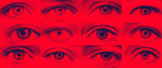 Set of eyes close-up red shadow blue duotone