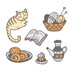 Lets stay home colorful poster. Cute doodles with cat, needlework, tea, book, sweets.