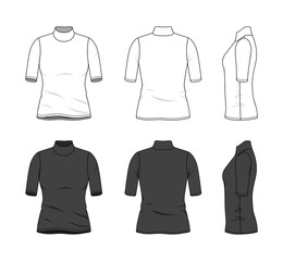 Blank clothing templates of rollneck top, tee in front, side, back views. Vector illustration isolated on white background. Technical fashion drawing set.
