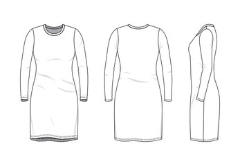 Naklejka premium Blank clothing templates of women long sleeve round neck dress in front, side, back views. Vector illustration isolated on white background. Technical fashion drawing set.