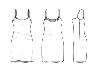 Blank clothing templates of women strapless slim dress in front, side, back views. Vector illustration isolated on white background. Technical fashion drawing set.