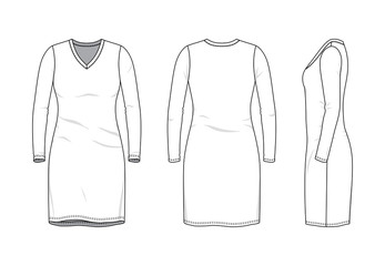 Blank clothing templates of women long sleeve v-neck dress in front, side, back views. Vector illustration isolated on white background. Technical fashion drawing set.