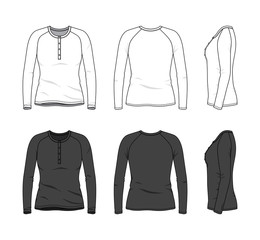 Blank clothing templates of women long sleeve button tee, raglan shirt in front, side, back views. Vector illustration isolated on white background. Technical fashion drawing set.