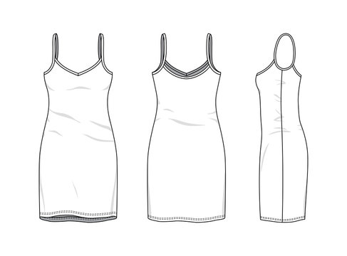 Blank clothing templates of women strapless dress in front, side, back views. Vector illustration isolated on white background. Technical fashion drawing set.