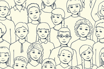 seamless pattern with the image of a group of children, teens, girls, boys with different hairstyles