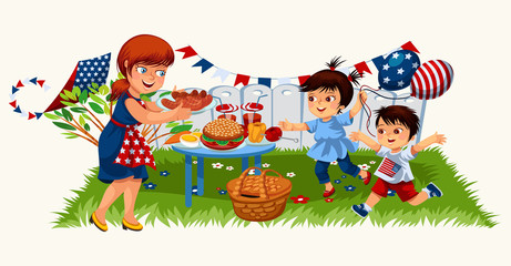 Cartoon red-haired mother carrying plate with tasty food