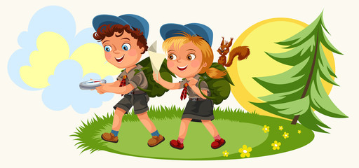 Fototapeta na wymiar Cartoon kids following the compass in forest