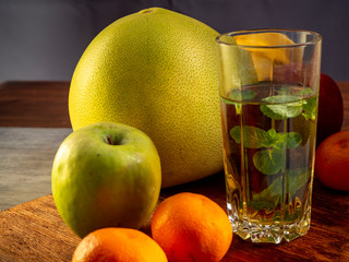 juice, mint, fruit, glass, orange, drink, tangerine, orange, apples,