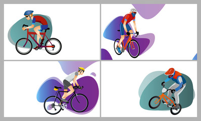 Cartoon collection of men with different types of bicycles