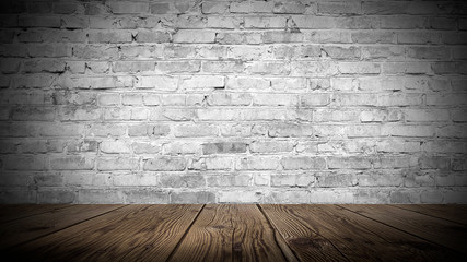 Background of empty white brick old wall, wooden floor