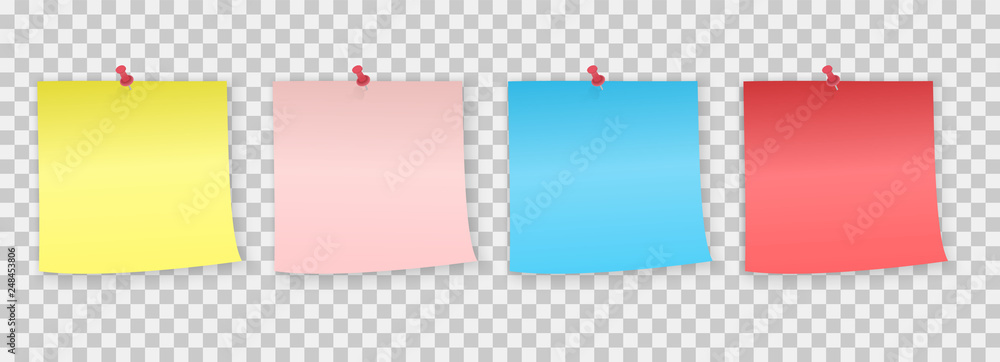 Poster collection of different colored note paper with pin. sticker pinned red pushbutton with curled corne