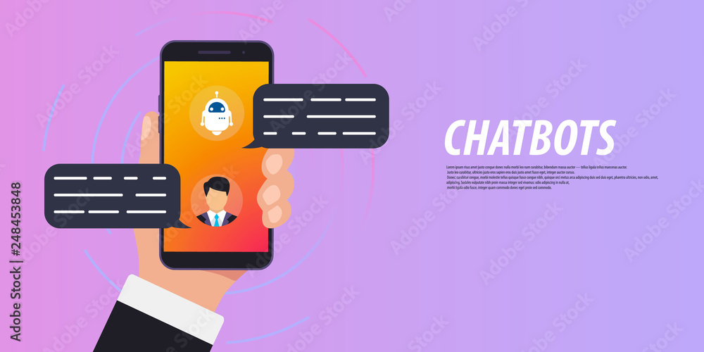 Aufkleber chatbot concept. man chatting with chat bot on smartphone. online consultation. clean mobile ui desi
