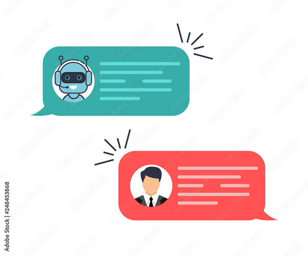 Poster chat bot robot concept, dialog help service. man chatting with chat bot. dialog with bot. customer s