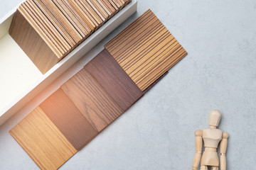samples of material, wood , on concrete table.Interior design select material for idea.