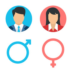 Vector male and female icon set. User avatar. Man and lady toilet sign. Sex symbol. Gender icon. Boy and girl pictogram.