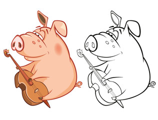 Vector Illustration of a Cute Pig Musician. Coloring Book Cartoon 