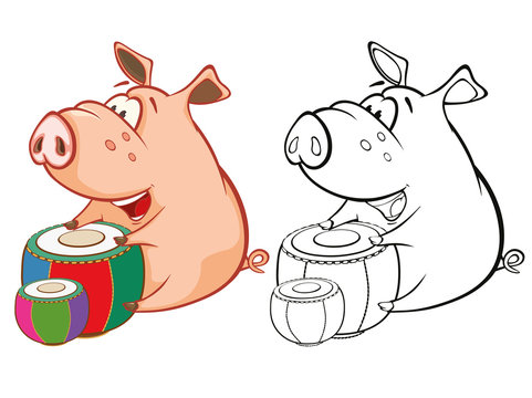 Vector Illustration of a Cute Pig Musician. Coloring Book Cartoon 