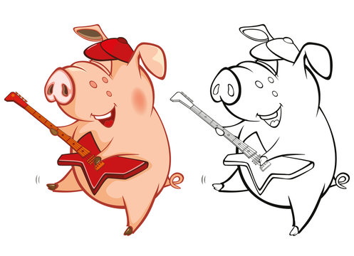 Vector Illustration of a Cute Pig Musician. Coloring Book Cartoon 