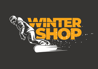 Winter shop emblem for an active winter sport. Snowboarder slides down the slope. - obrazy, fototapety, plakaty