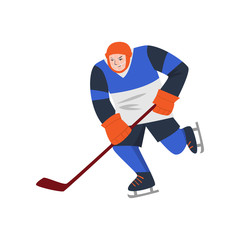 Obraz premium Heavyset hockey player in a blue uniform and a protective mask with a stick in motion