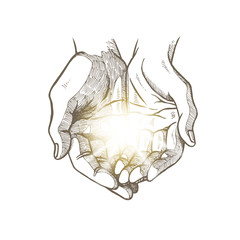 Hope concept. Hand drawn open palms with luminous ball. Black and white vintage hands. Vector sketch