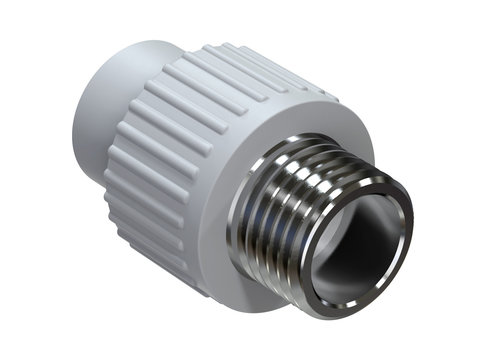 Connector with threaded insert for polypropylene pipes. Image for advertising plumbing fittings. 3D rendering.
