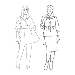 Set of black and white line drawings in the vector, female figures, women's profession