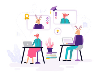 Abstract animals take online courses, working with laptops, watching videos and doing homework. Banner or element for a site with a distance education theme. Vector illustration