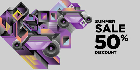 Summer Sale 50% Discount Banner with Colorful Abstract Geometric Background Pattern